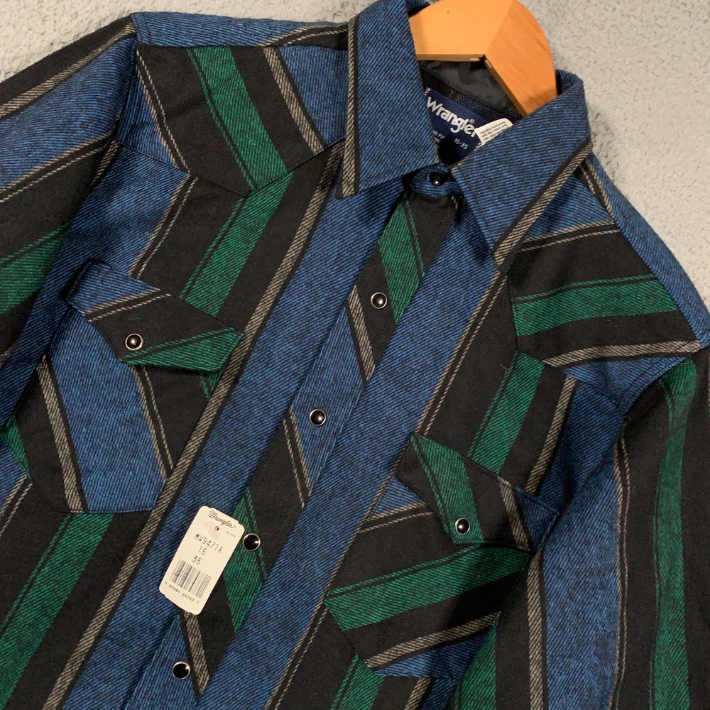 Wrangler Western Snap Up Shirt Men's 16/35 Blue Green Stripe Regular Fit Cotton